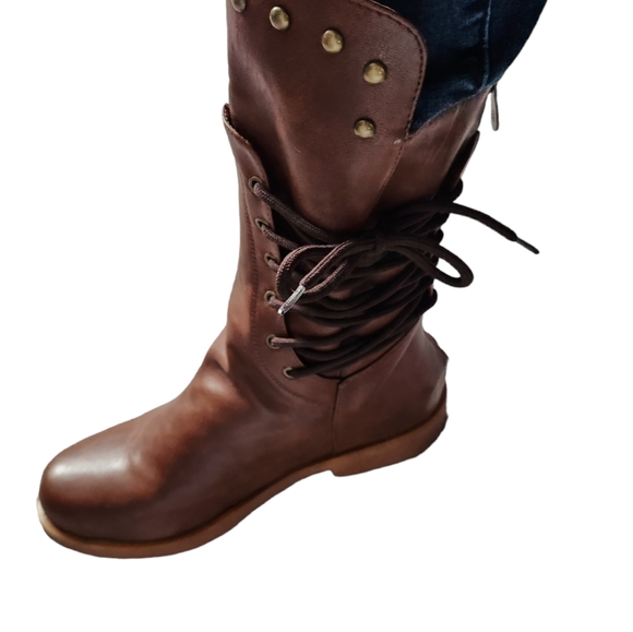 Women Brown Tan Leather Strappy Tie Back Zipper Studded Winter Boot/CN 38/US 7 - Picture 1 of 16